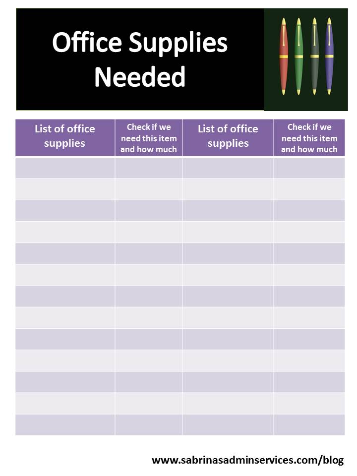Office Supplies List free download