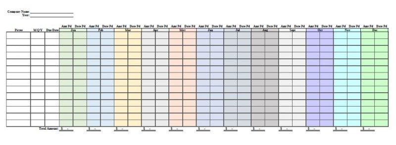 Business start up monthly expenses spreadsheet with totals and date paid