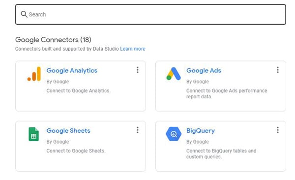 Data Studio Google Connectors to add to a report - example is Google Analytics and Google Ads 