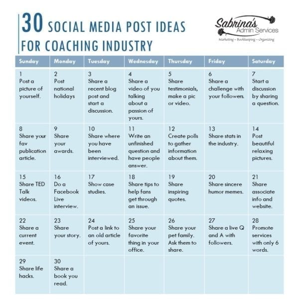 30 social media post ideas for the Coaching Industry