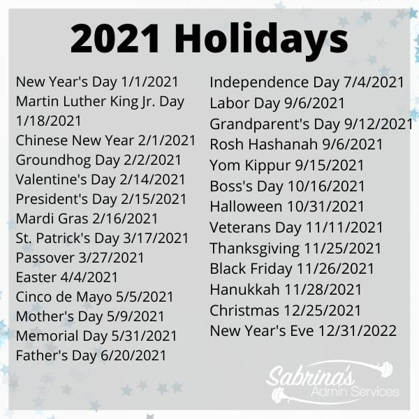 2021 National Holidays US