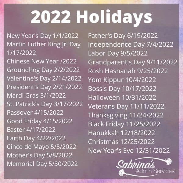 2022 holiday dates