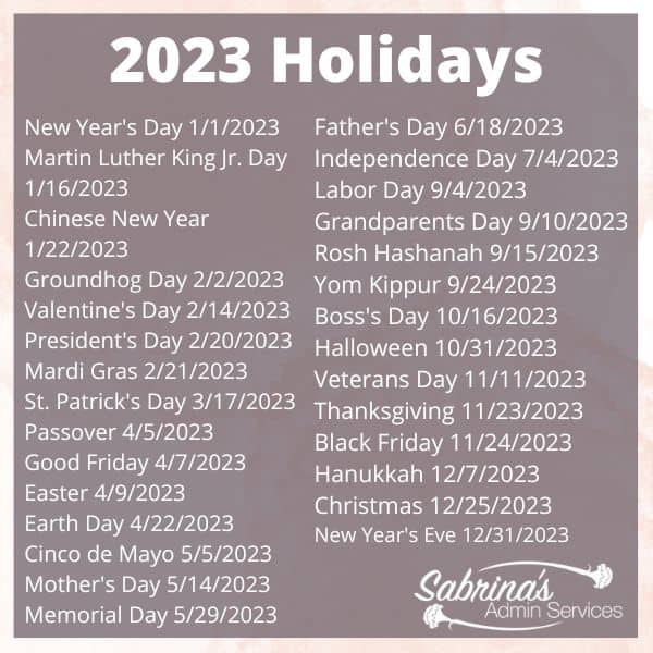 2023 Holidays - SabrinasAdminServices.com