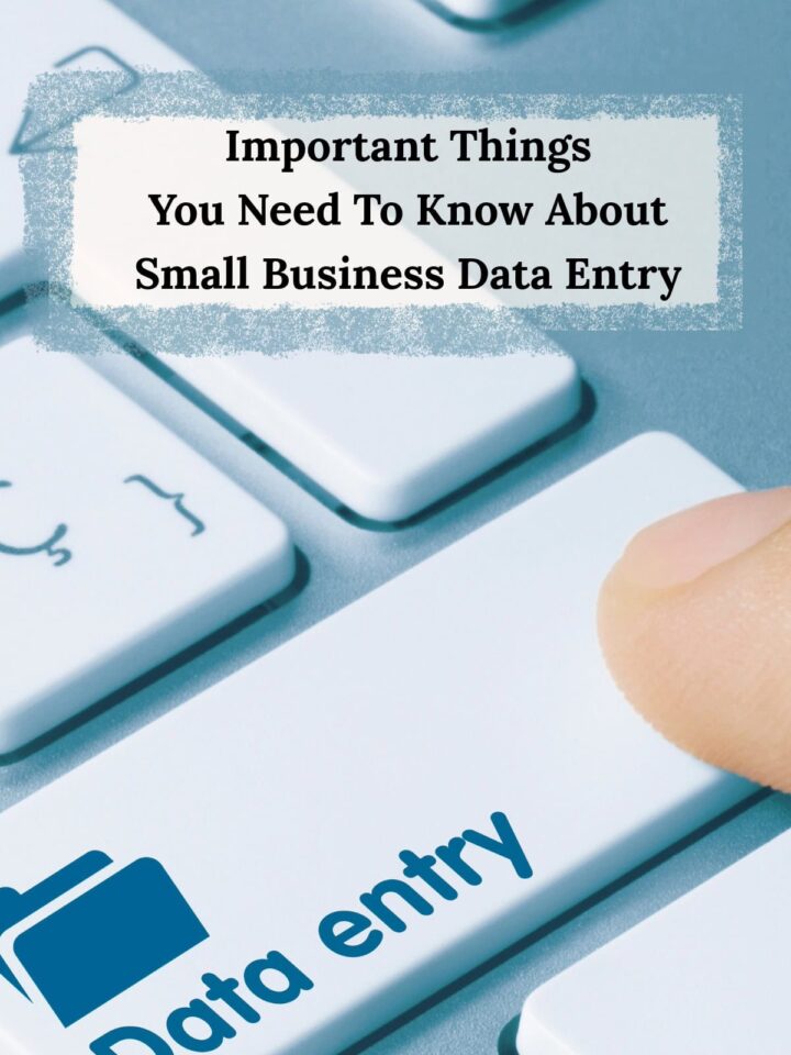 A person pressing a data entry button on a keyboard - title of post in the top center around a rectangular box. - pinterest image size