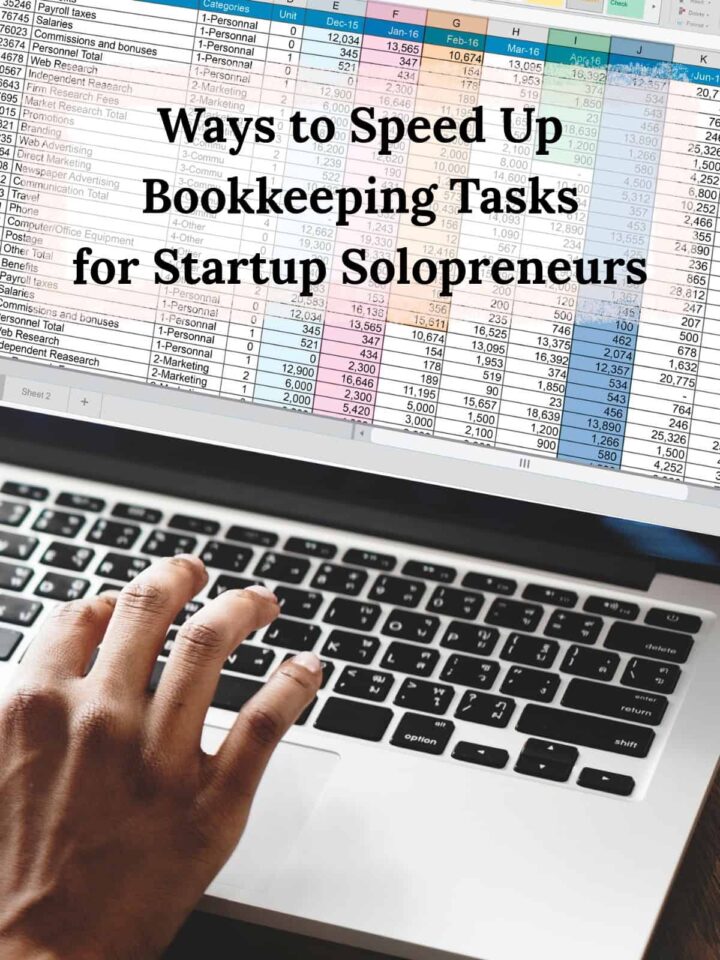 a person's hands infront of a laptop looking at a spreadsheet - title overlay in the top center - pinterest image