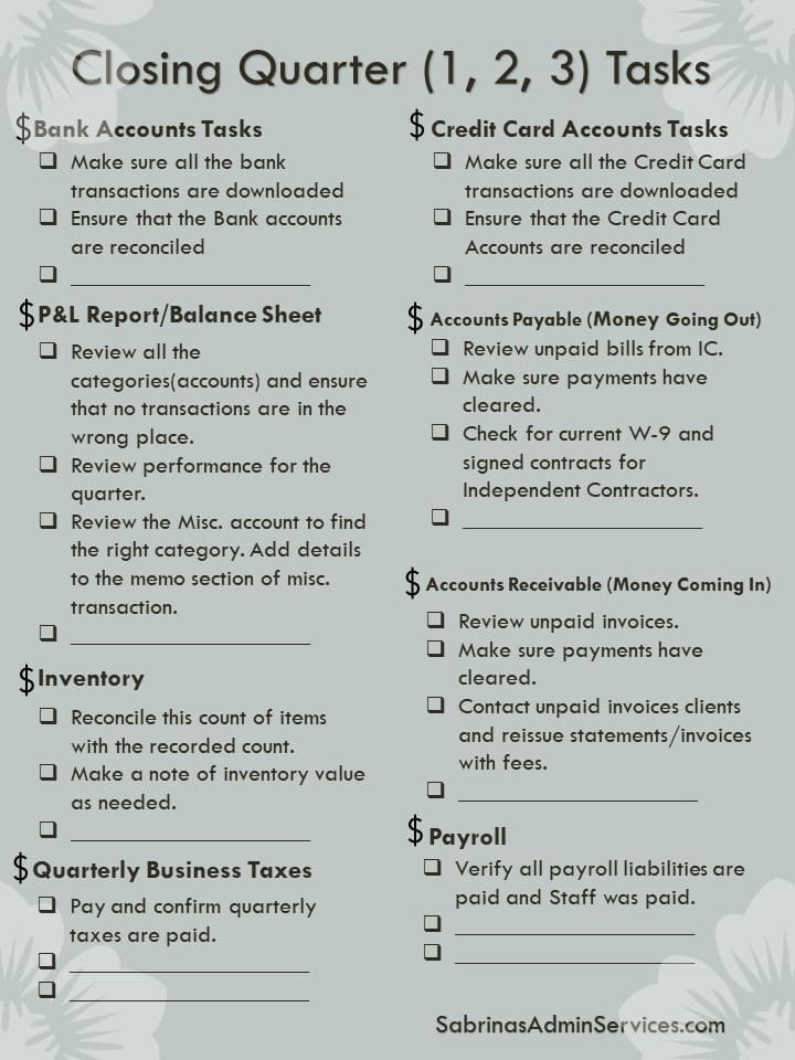 Closing Quarter 1, 2, 3 tasks for small businesses - examples Created by Sabrina's Admin Services