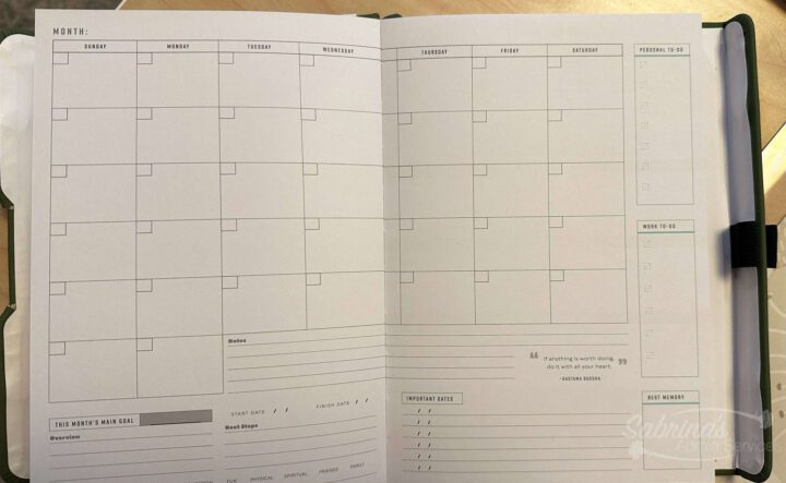 Monthly planner that spans two pages