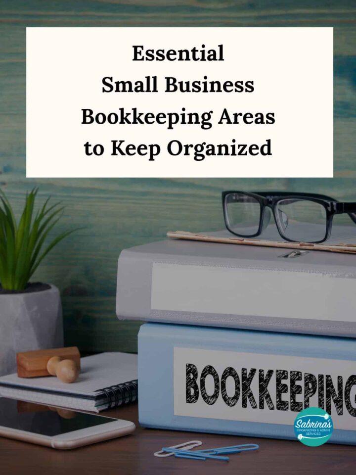 Overlay title from post with a yellow rectangular block around it with a pair of glasses and a binder that says bookkeeping on it image behind the words