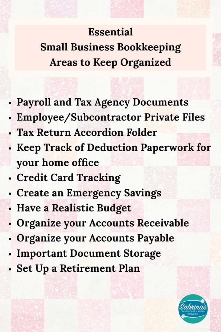 List of the headings that are at the top of the post, with white and pink checks in the background with the title that reads essential small business bookkeeping areas to keep organized at the top center