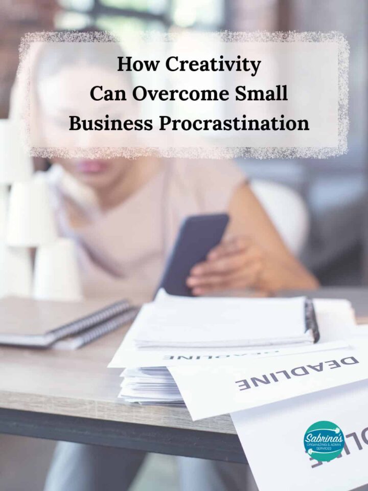 a person looking at her phone instead of dealing with deadlines - title at top center- Pinterest sized image