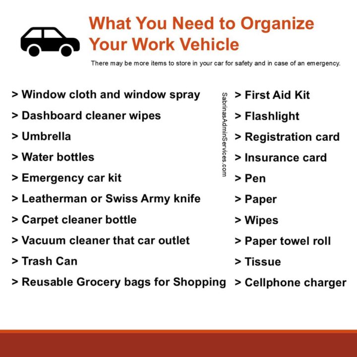 a infographic that displays the list of items needed from this post. square image with a car at the top left corner. 
