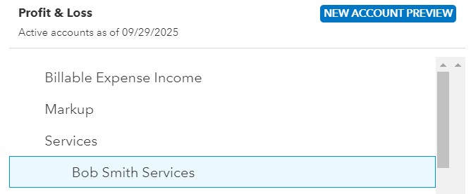 a preview of where the new account will appear on Quickbooks Online P&L report