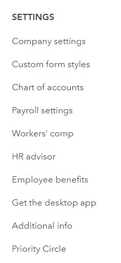 A list of settings in Quickbooks Online