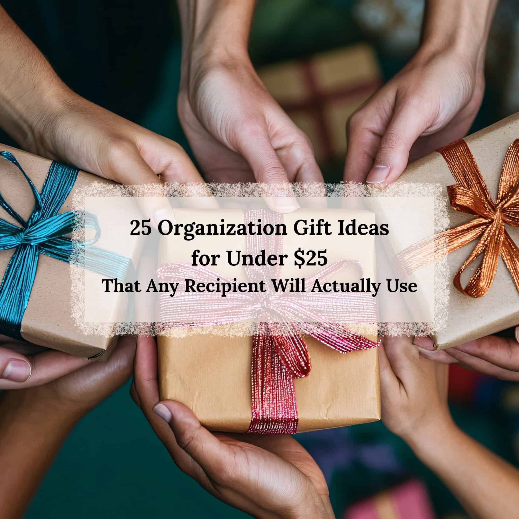 All hands holding three gifts - exchanging gifts - title of post in center inside a rectangle box- square image
