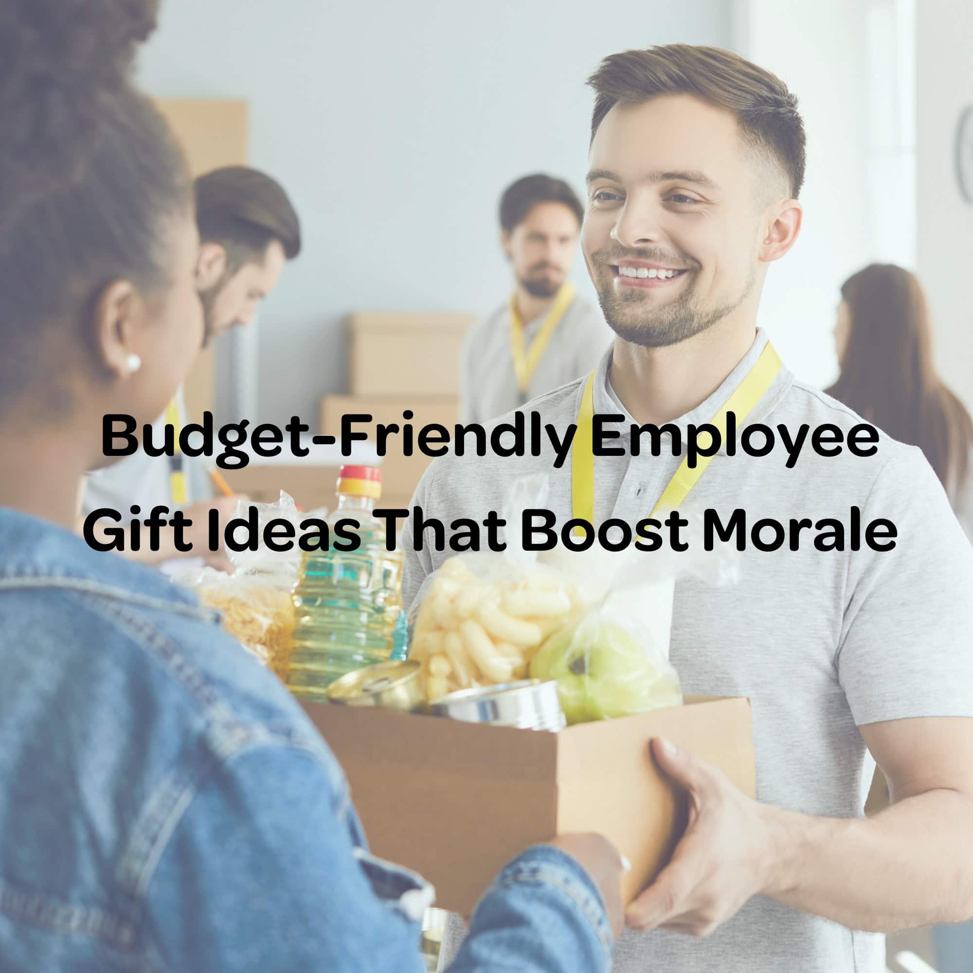 A man getting a gift from a women - both smiling - square image - title in the center of image