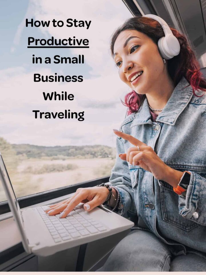 a women with a headset on looking at her laptop on a train - pinterest image -title of post in the to left corner
