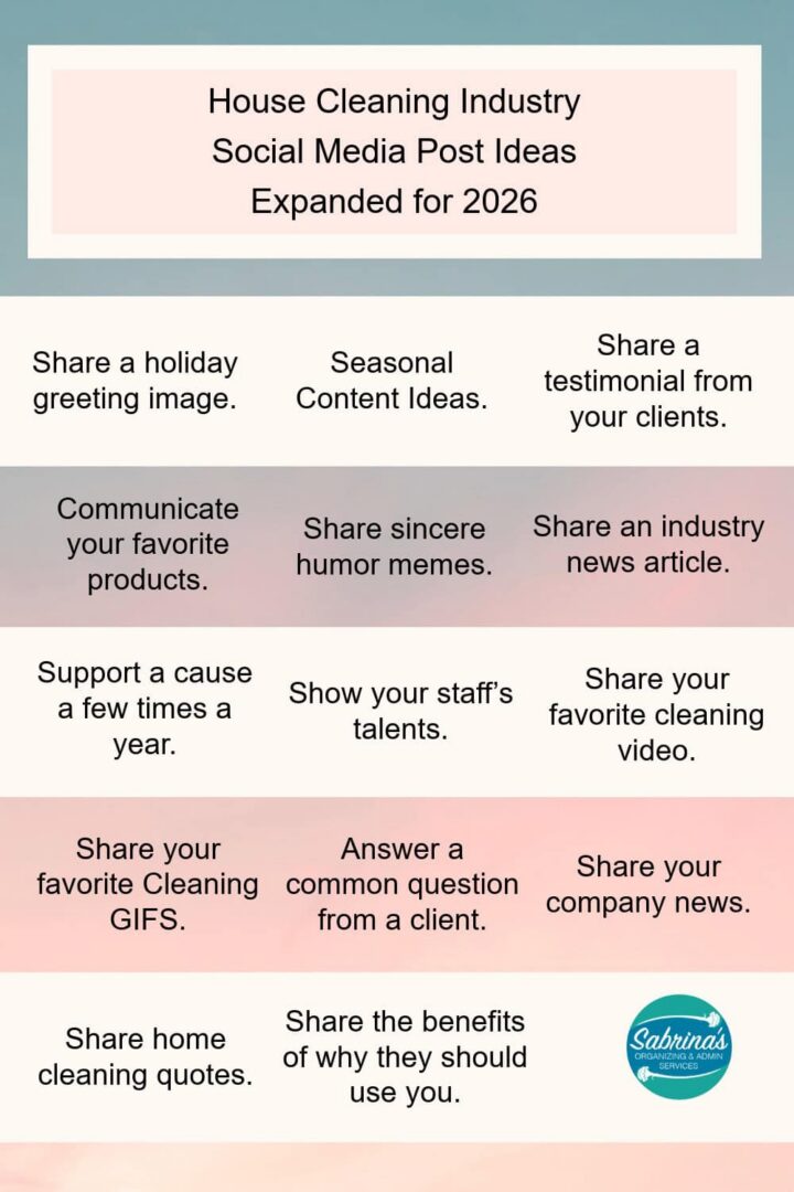 List of examples of social media share topics for house cleaning industry 2026 update