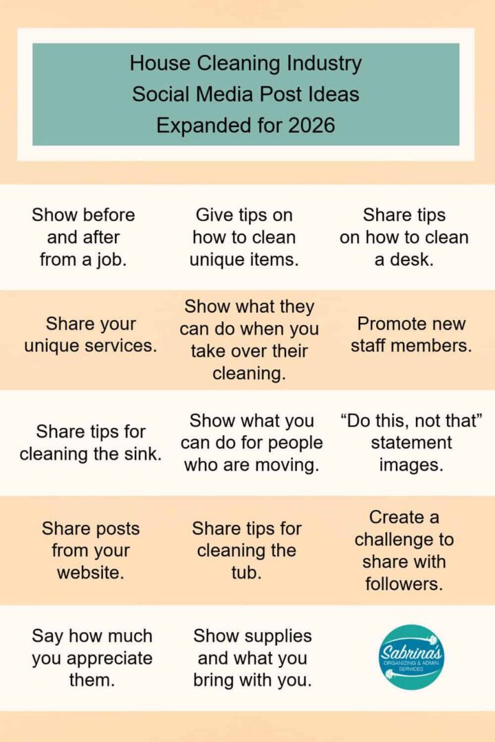 List of examples of social media share topics for house cleaning industry 2026 update - second set of options