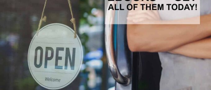 Collection of free small business ebooks by Sabrina's Admin Services - square image - image of a person's arms - open sign